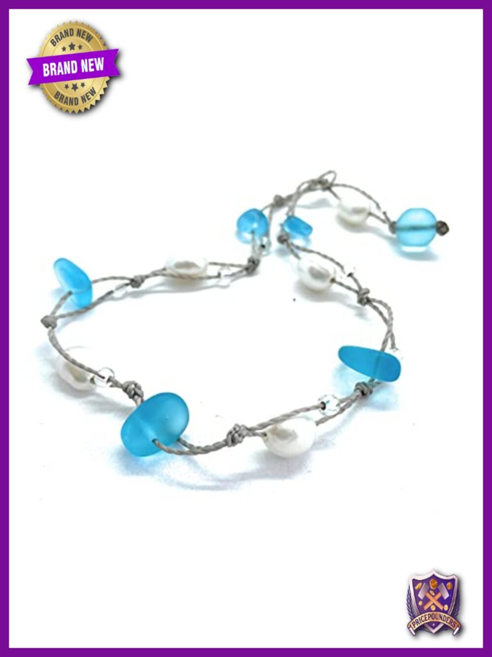 Freshwater Pearl and Turquoise Blue Sea Glass Wrap Bracelet or Anklet 11"